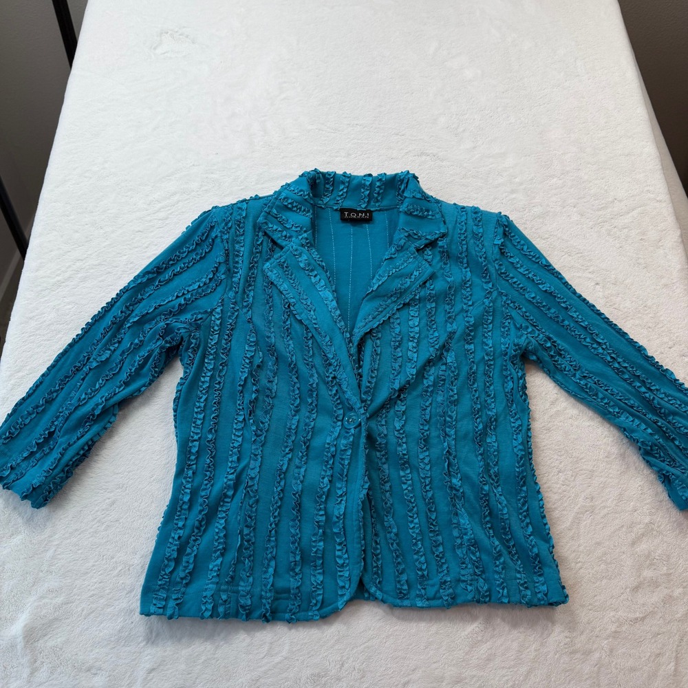 Toni Morgan Ruffle Blazer Womens Small Teal Good Textured Lightweight Jacket
